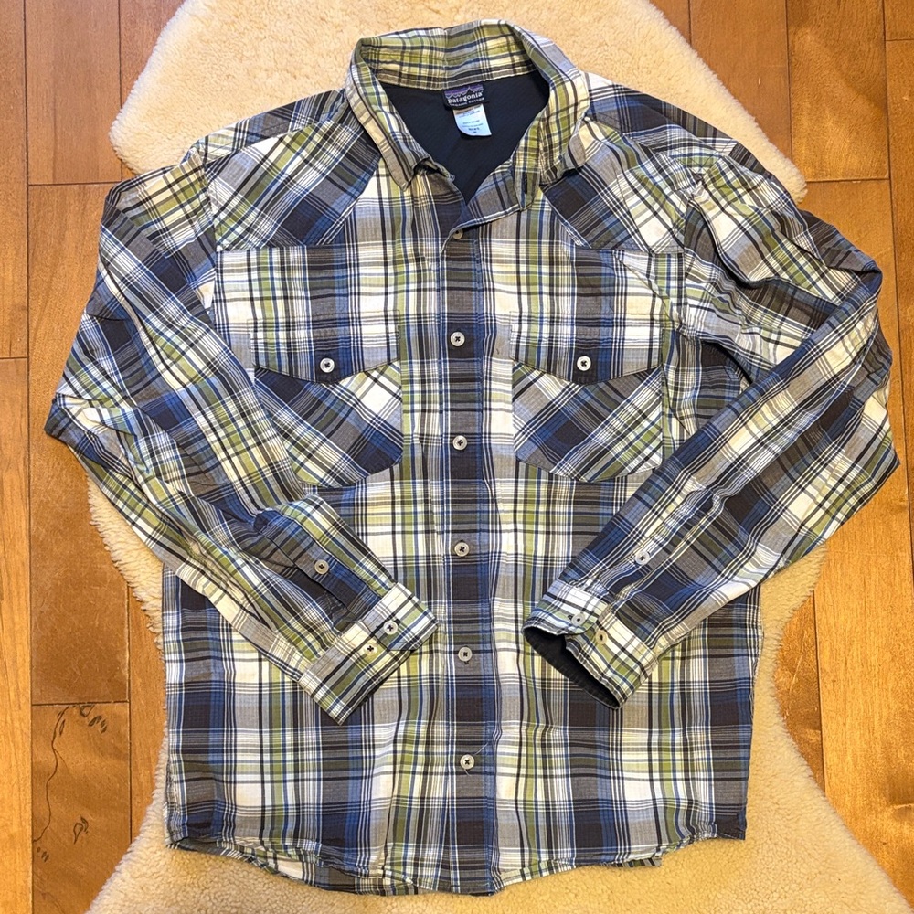 Patagonia Men's Plaid Button-Up in Navy, Lime & White